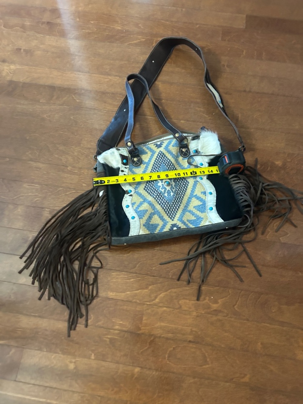 Myra Bag Brown and Cream Fringed Crossbody with Aztec Panel